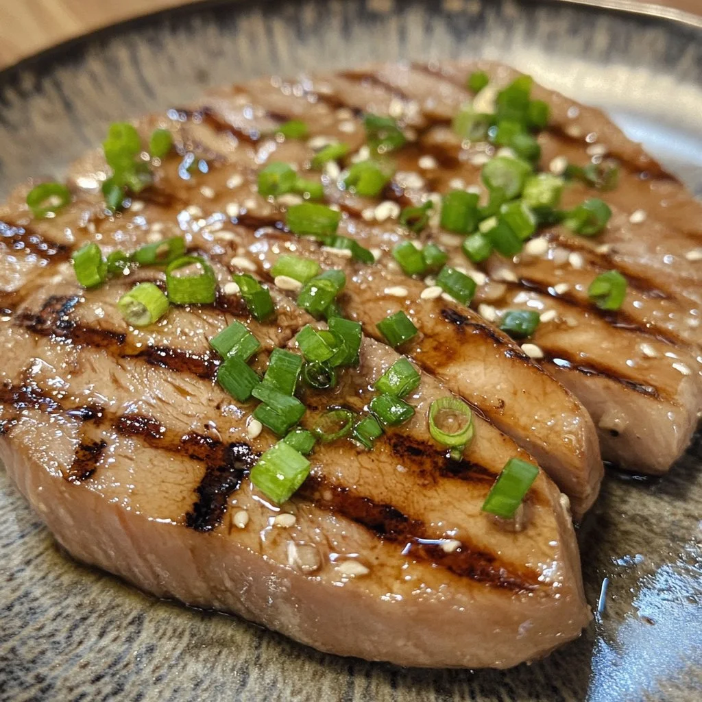 Grilled soy-ginger tuna steak served on a plate with garnishes
