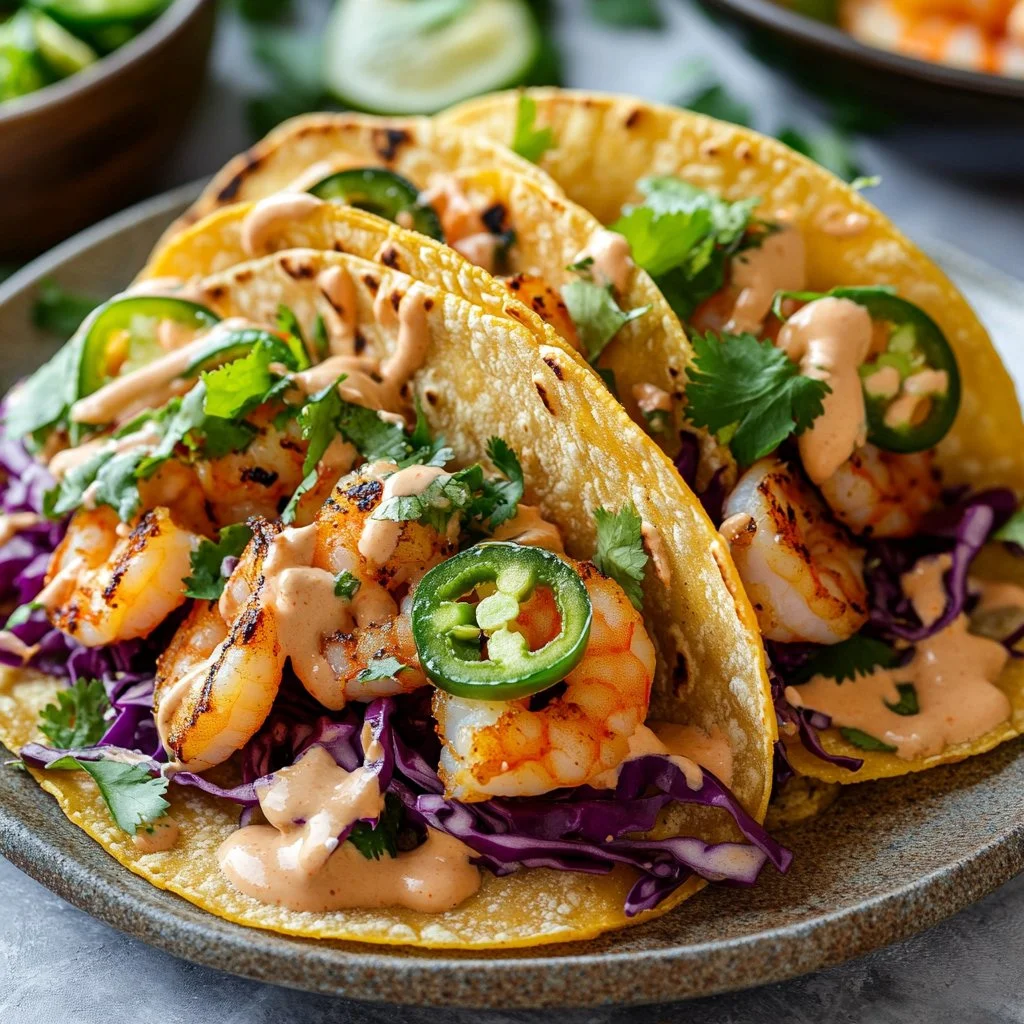 Healthy shrimp tacos served with fresh slaw and vibrant toppings