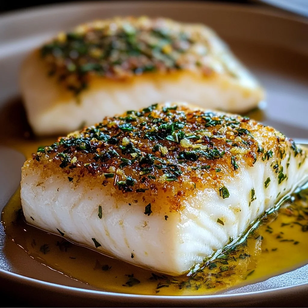 Delicious herb crusted halibut served on a plate with garnishes