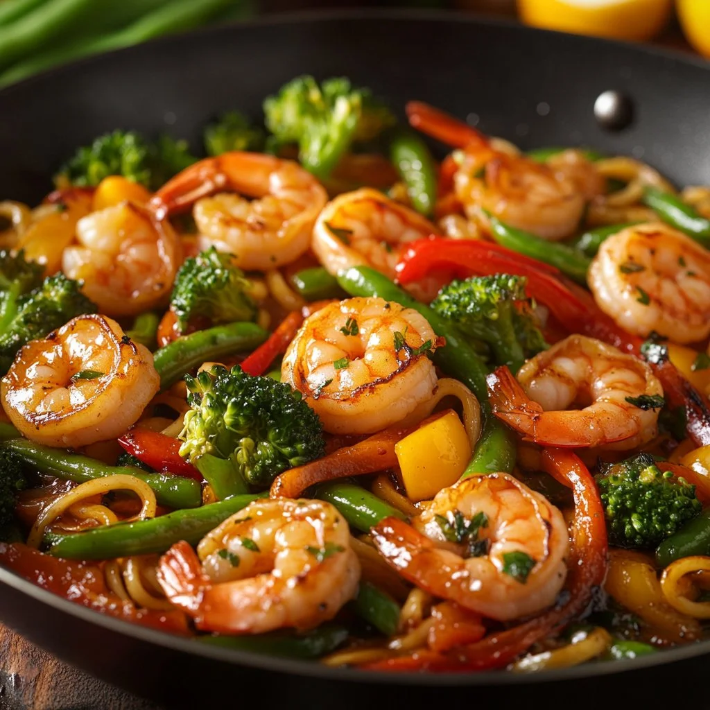 High-protein one-pan shrimp stir fry with noodles and vibrant vegetables