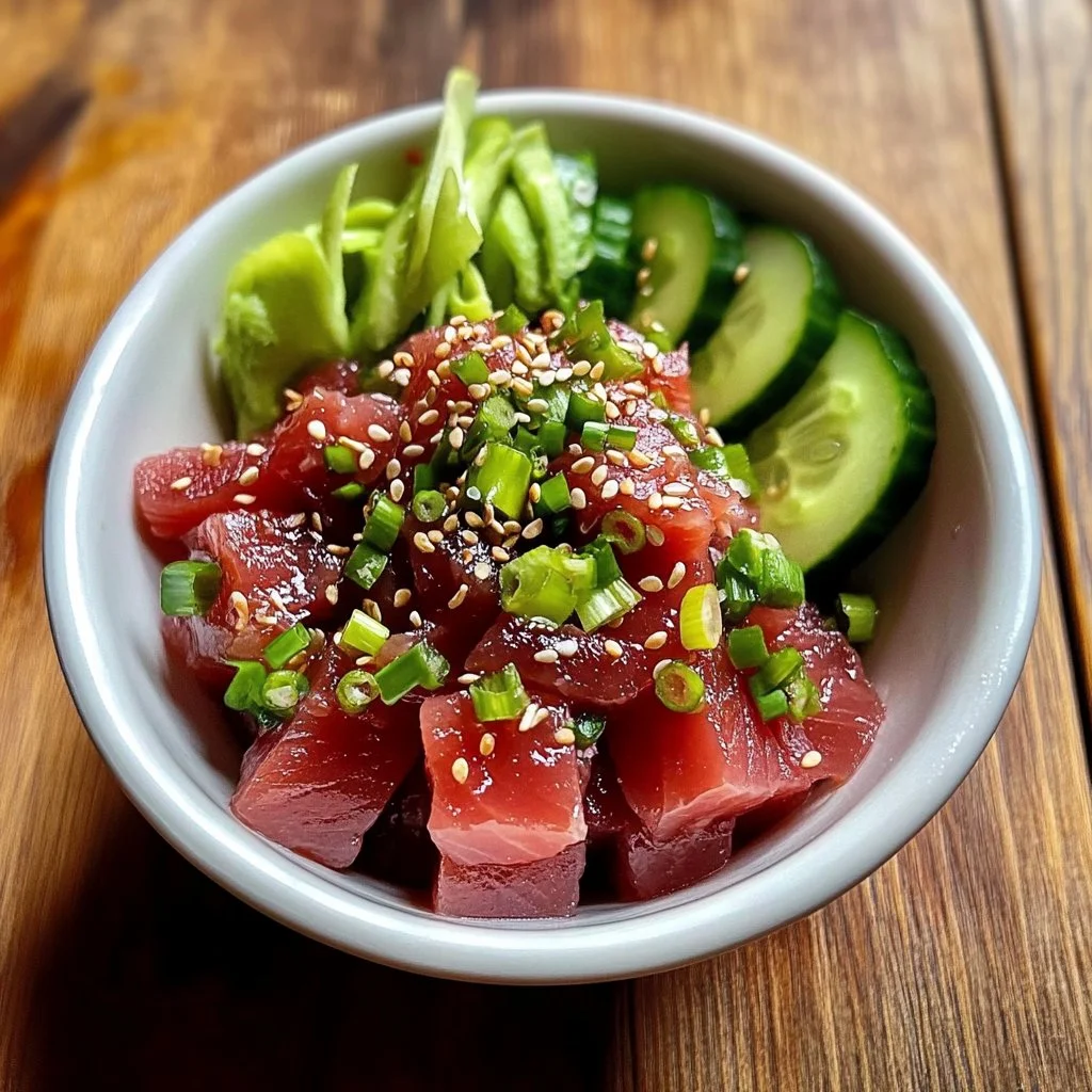 Bowl of homemade Ahi Tuna Poke prepared with fresh ingredients