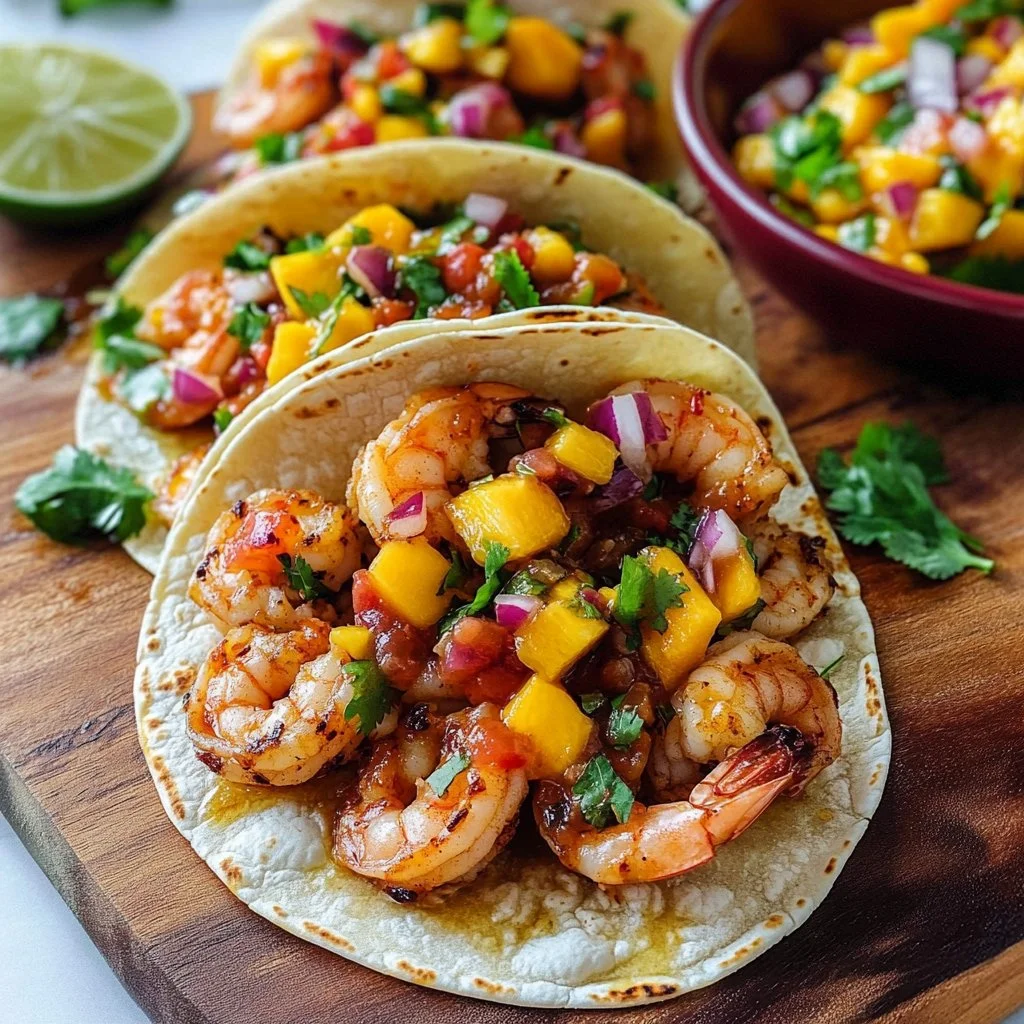 Plate of honey chipotle shrimp tacos garnished with fresh toppings