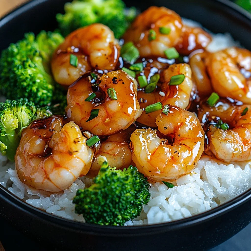 Honey Garlic Shrimp served in a colorful bowl with rice and vegetables