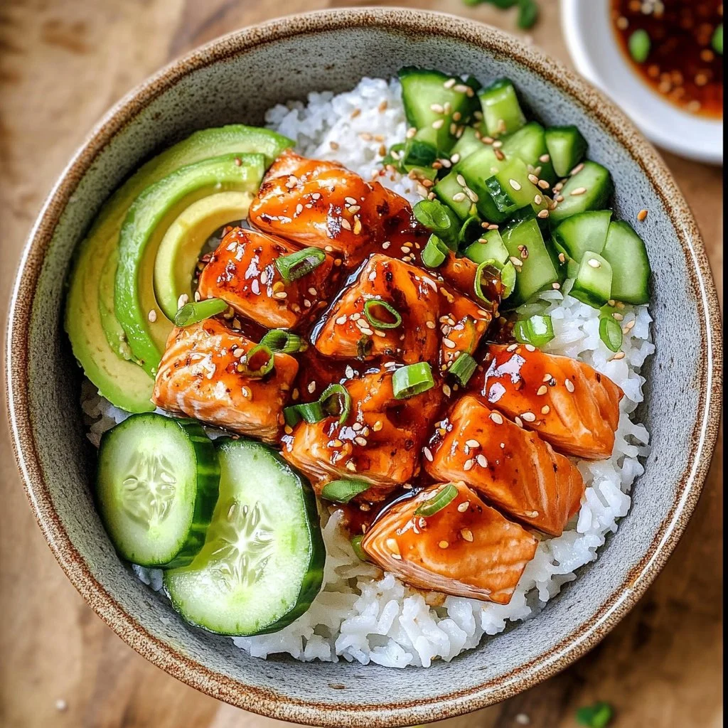 Honey sriracha salmon bowl topped with fresh vegetables and garnish