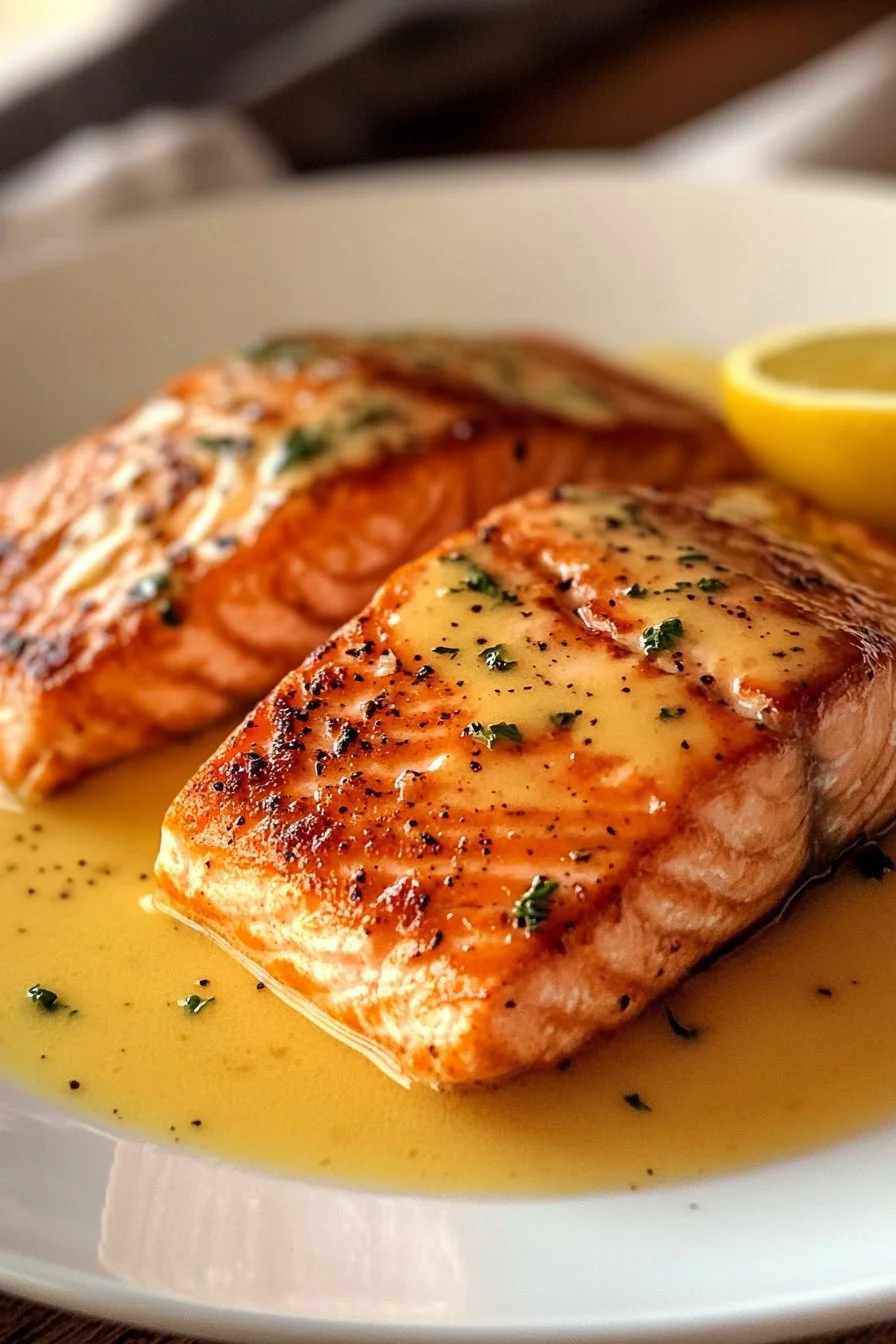 Pan Seared Salmon with Lemon Garlic Cream Sauce