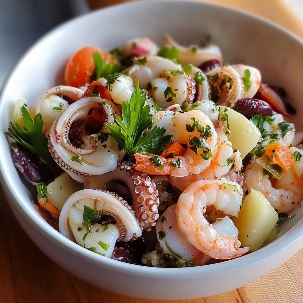 Delicious Italian seafood salad with shrimp, calamari, and fresh vegetables.