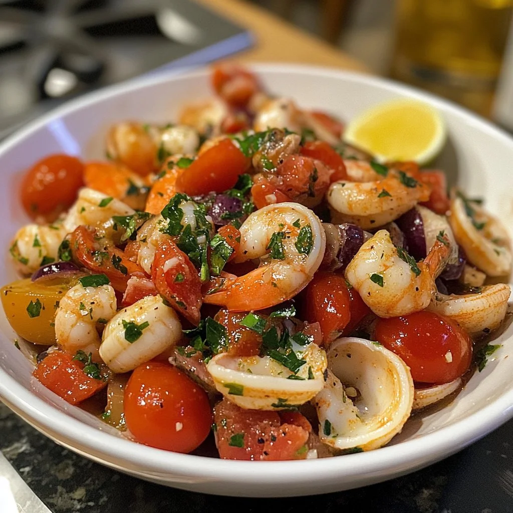 Italian seafood salad with fresh seafood and colorful vegetables in a bowl