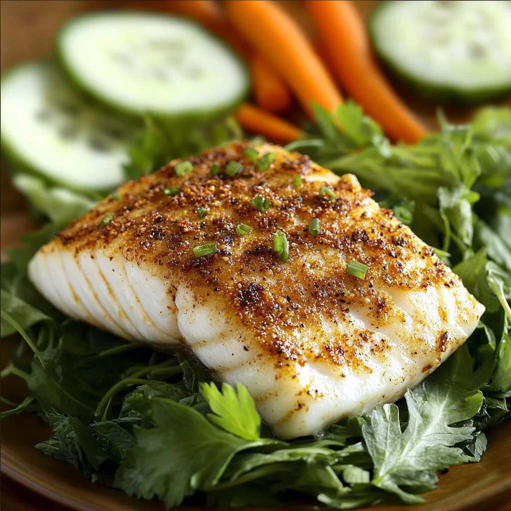 Juicy Asian Baked Halibut garnished with herbs and served with rice