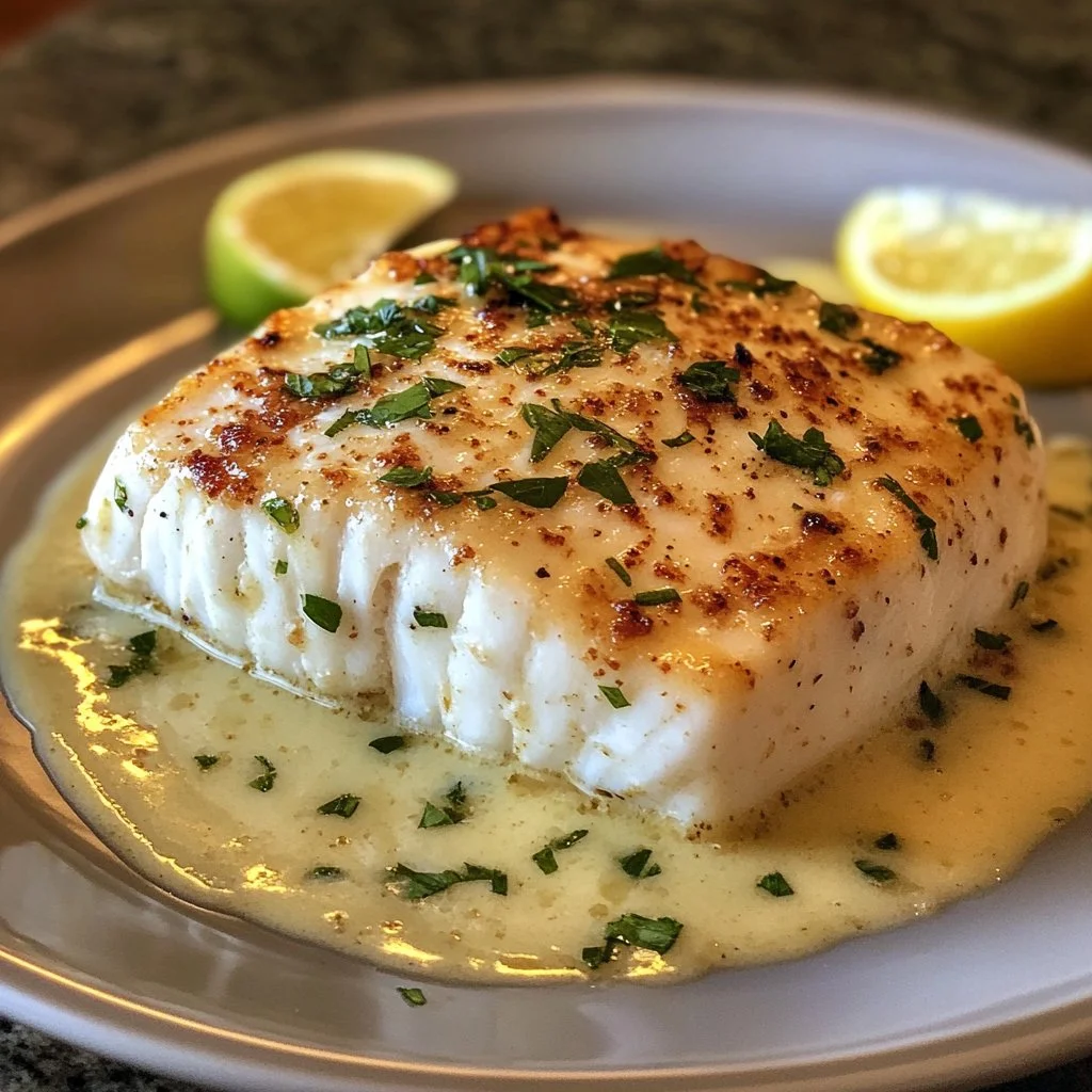 Juicy Halibut Oscar topped with crab meat and rich sauce on a white plate