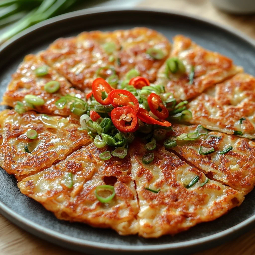 Delicious Korean tuna pancakes served on a plate with dipping sauce