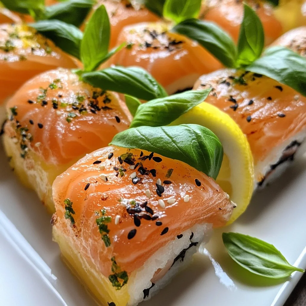 Lemon Basil Salmon Rolls garnished with herbs and served on a plate