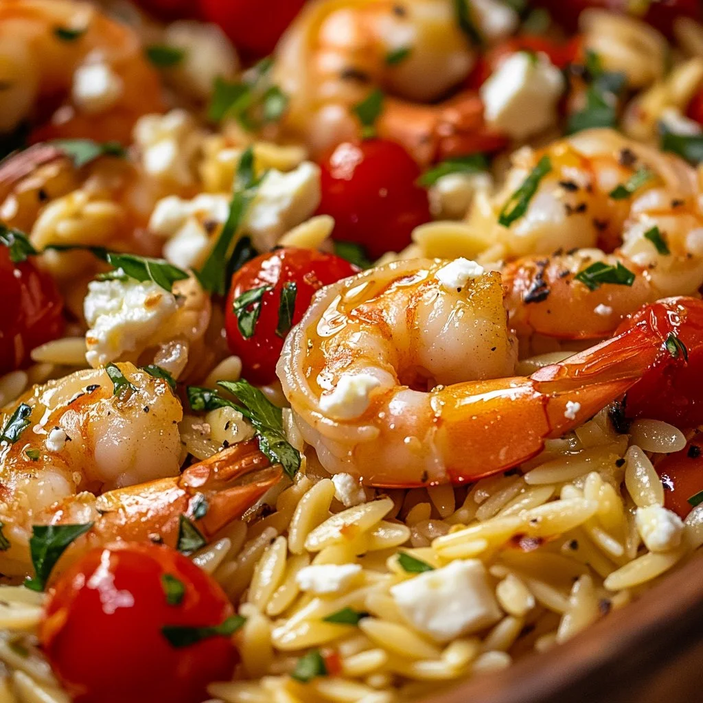 Delicious Lemon Feta Orzo Shrimp served with fresh herbs and lemon slices.
