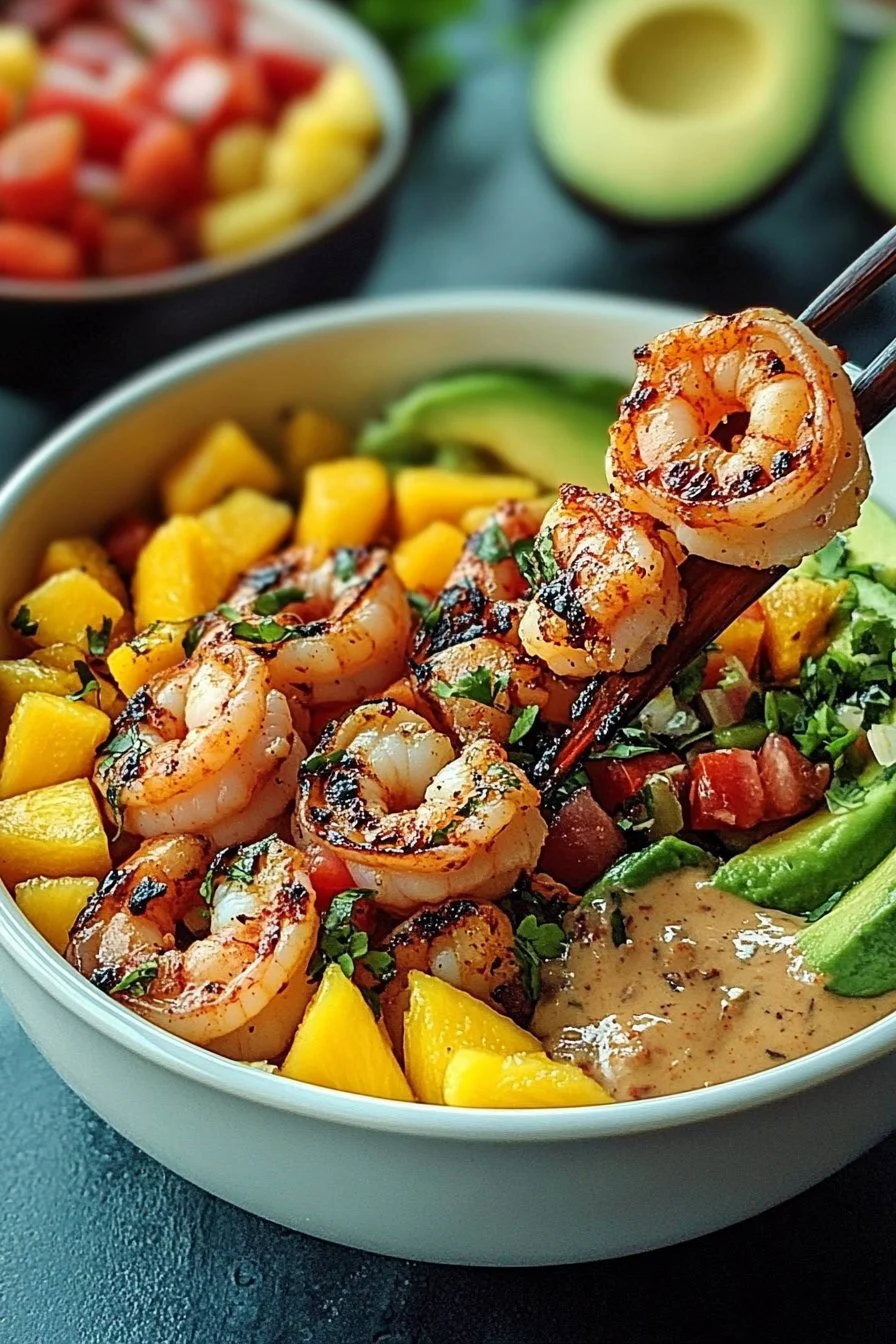 Shrimp and Avocado Bowls with Mango Salsa & Lime-Chili Sauce