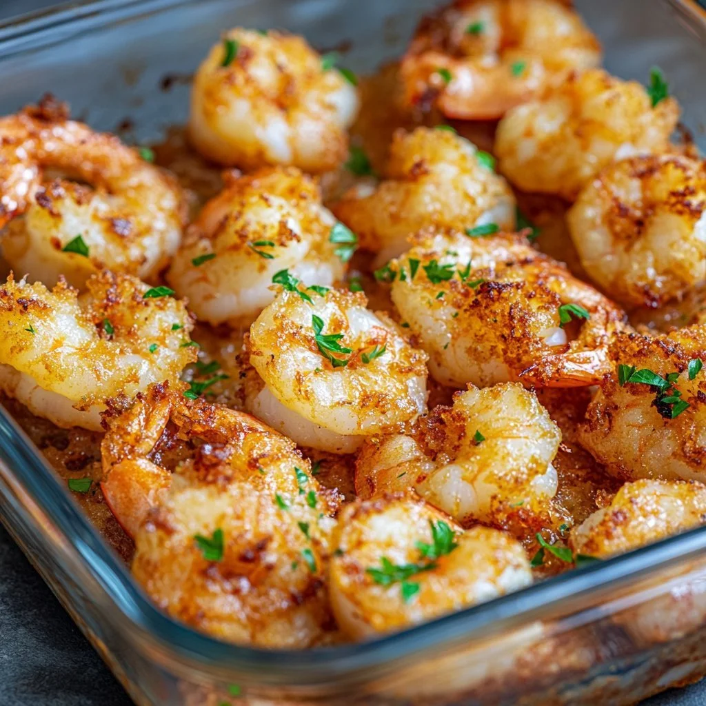 Plate of crispy baked shrimp garnished with herbs