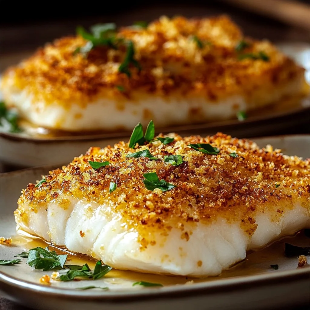 Mayonnaise crusted baked fish with herbs and spices served on a plate