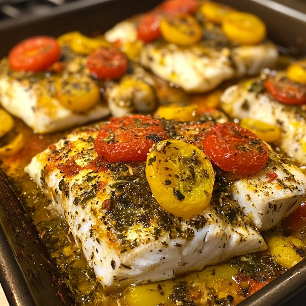 Delicious Mediterranean baked fish seasoned with herbs and served with vegetables