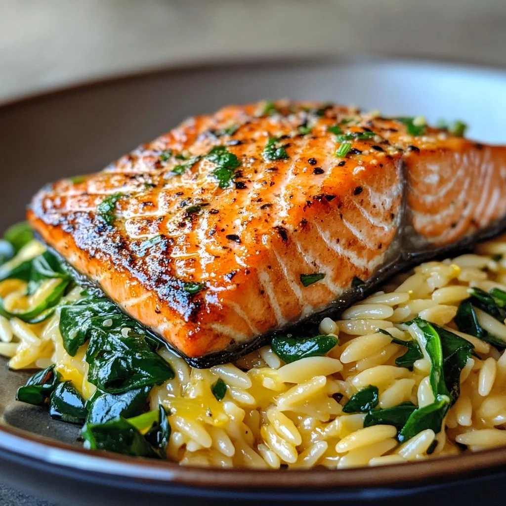 Plate of Mediterranean Salmon served with Lemon Orzo and fresh herbs.