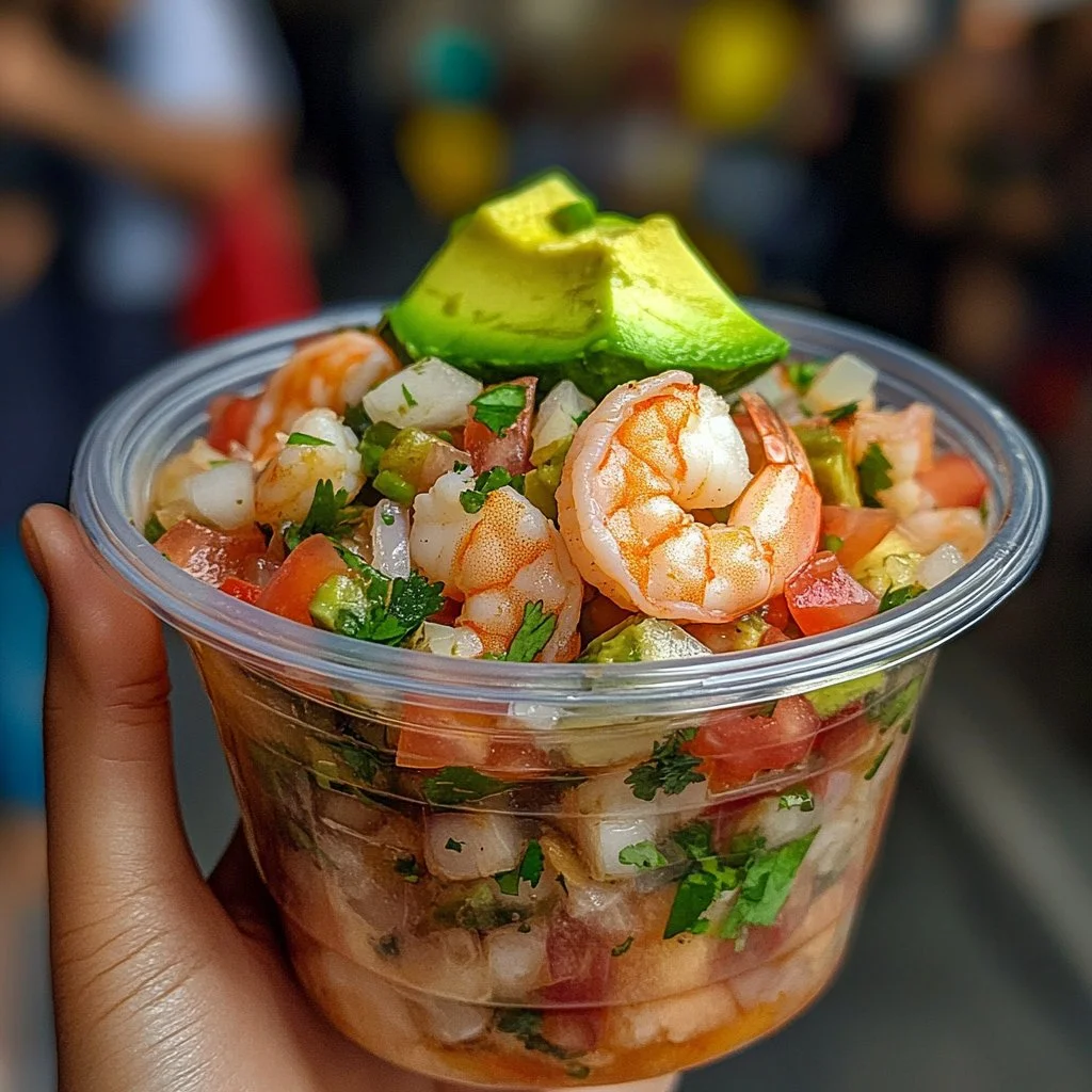 Delicious Mexican shrimp cocktail served in a glass with avocado and lime.