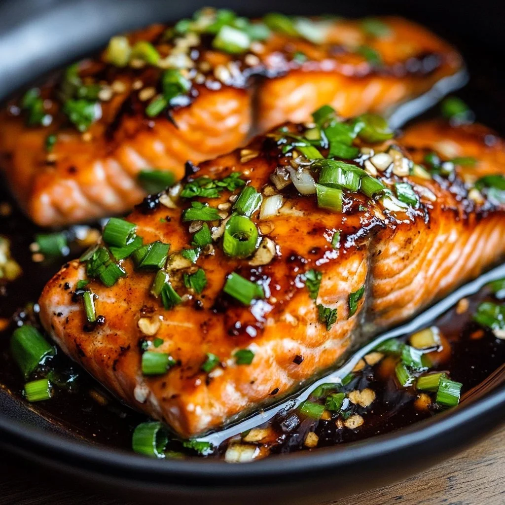 Delicious miso butter salmon fillet garnished with herbs and vegetables
