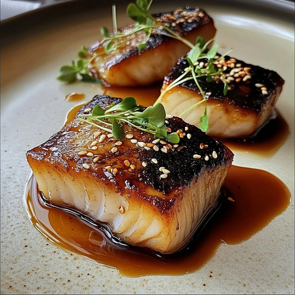 Miso-marinated black cod beautifully plated with garnish.