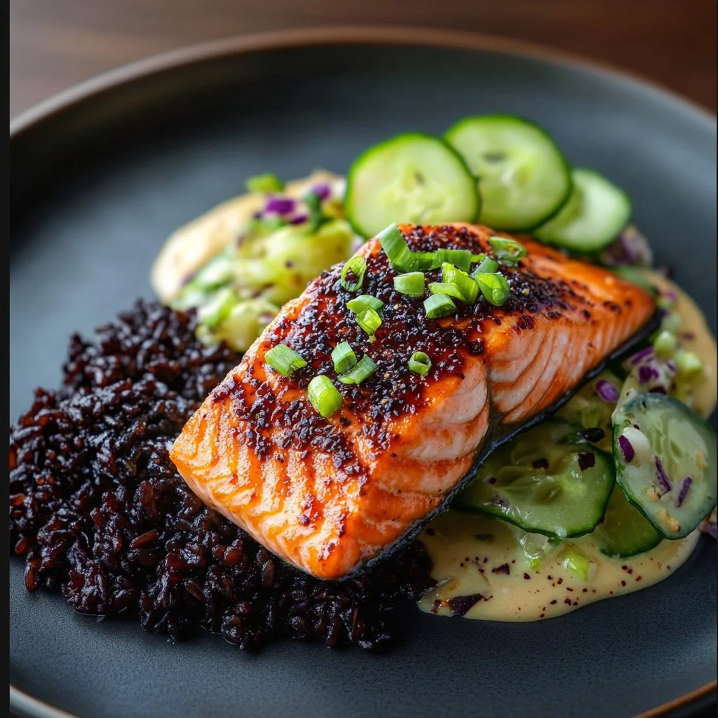 Miso Salmon dish with black rice and coconut cucumber salad
