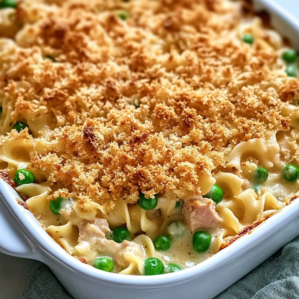 No-soup tuna noodle casserole topped with breadcrumbs, in a baking dish.