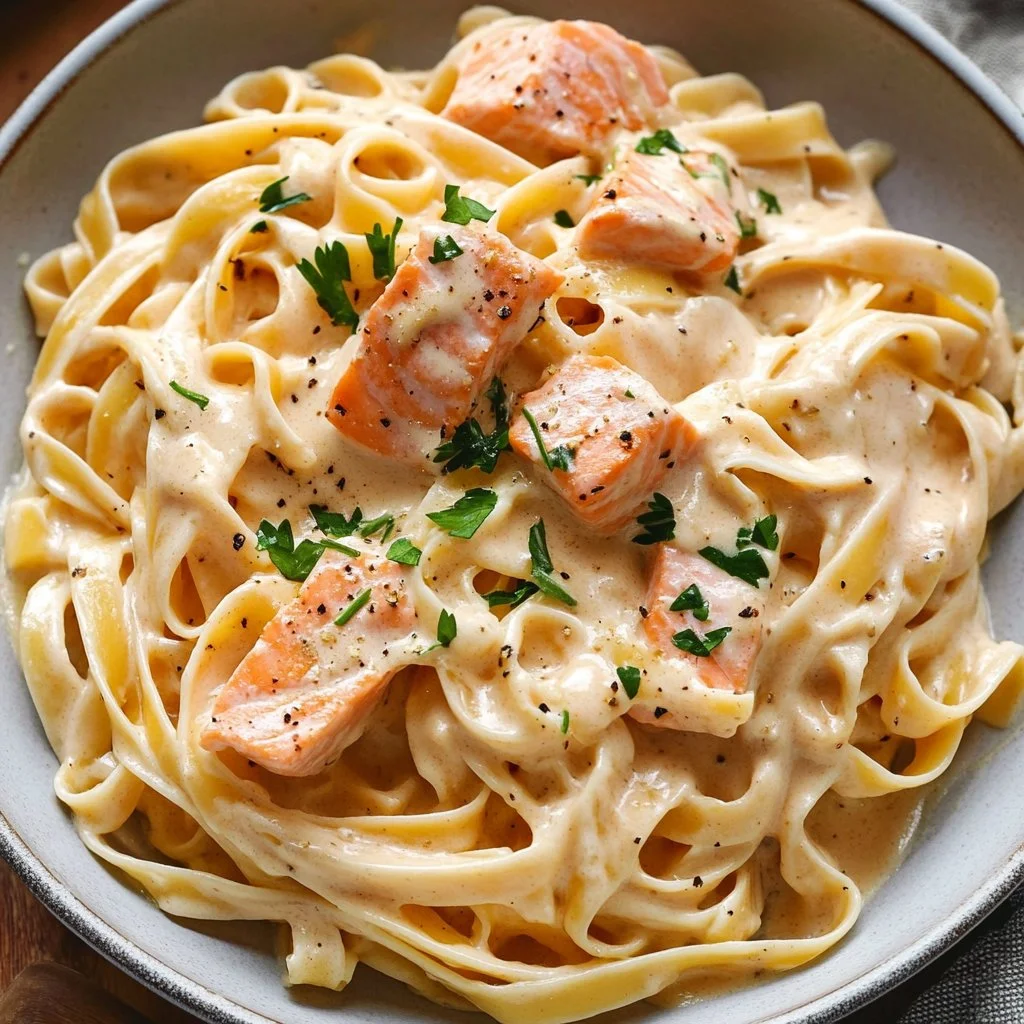Bowl of one pot creamy salmon pasta with herbs and garnishes