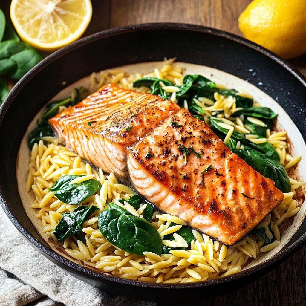One Skillet Salmon served with Lemon Orzo in a vibrant dish