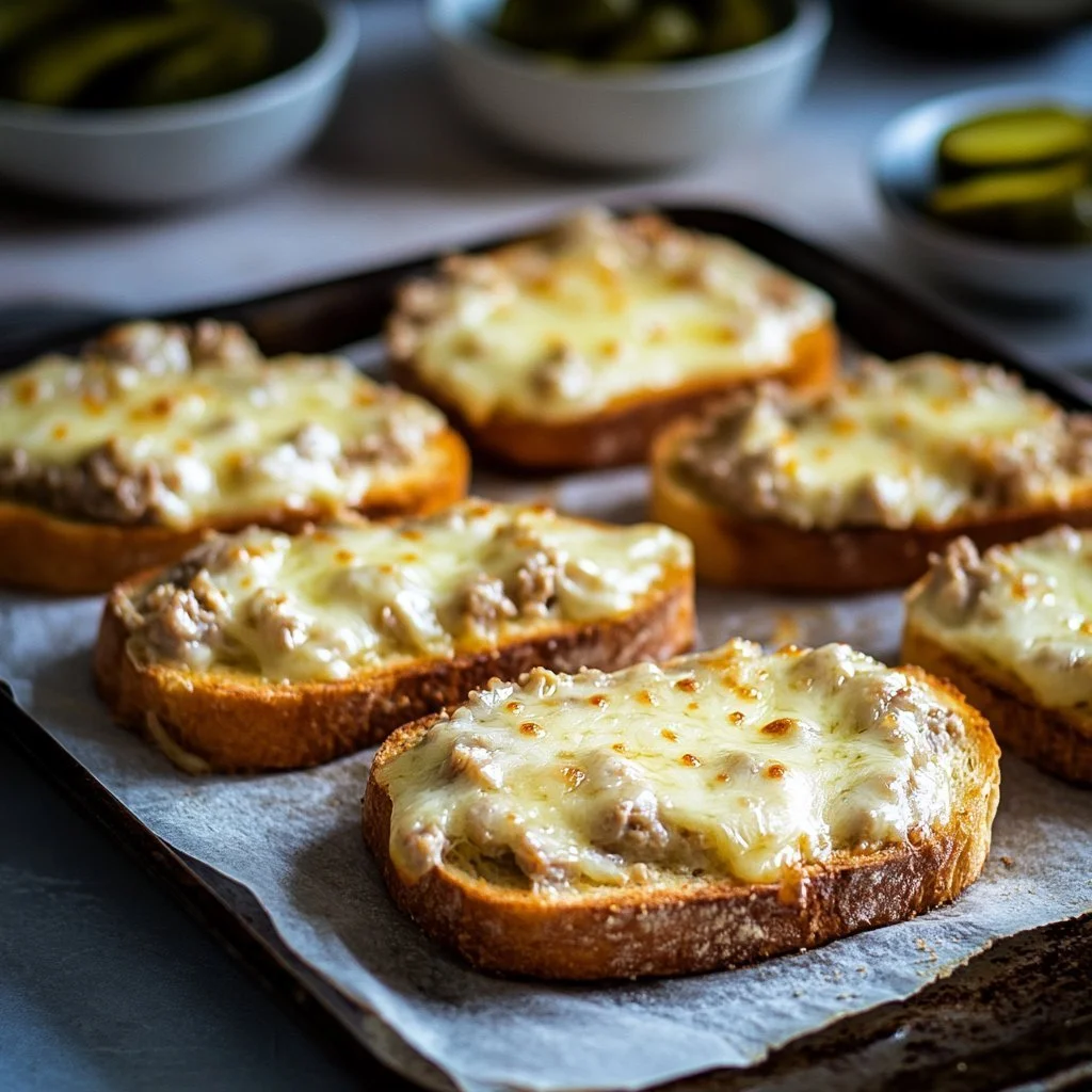 Open-face tuna melt sandwich with melted cheese and fresh toppings