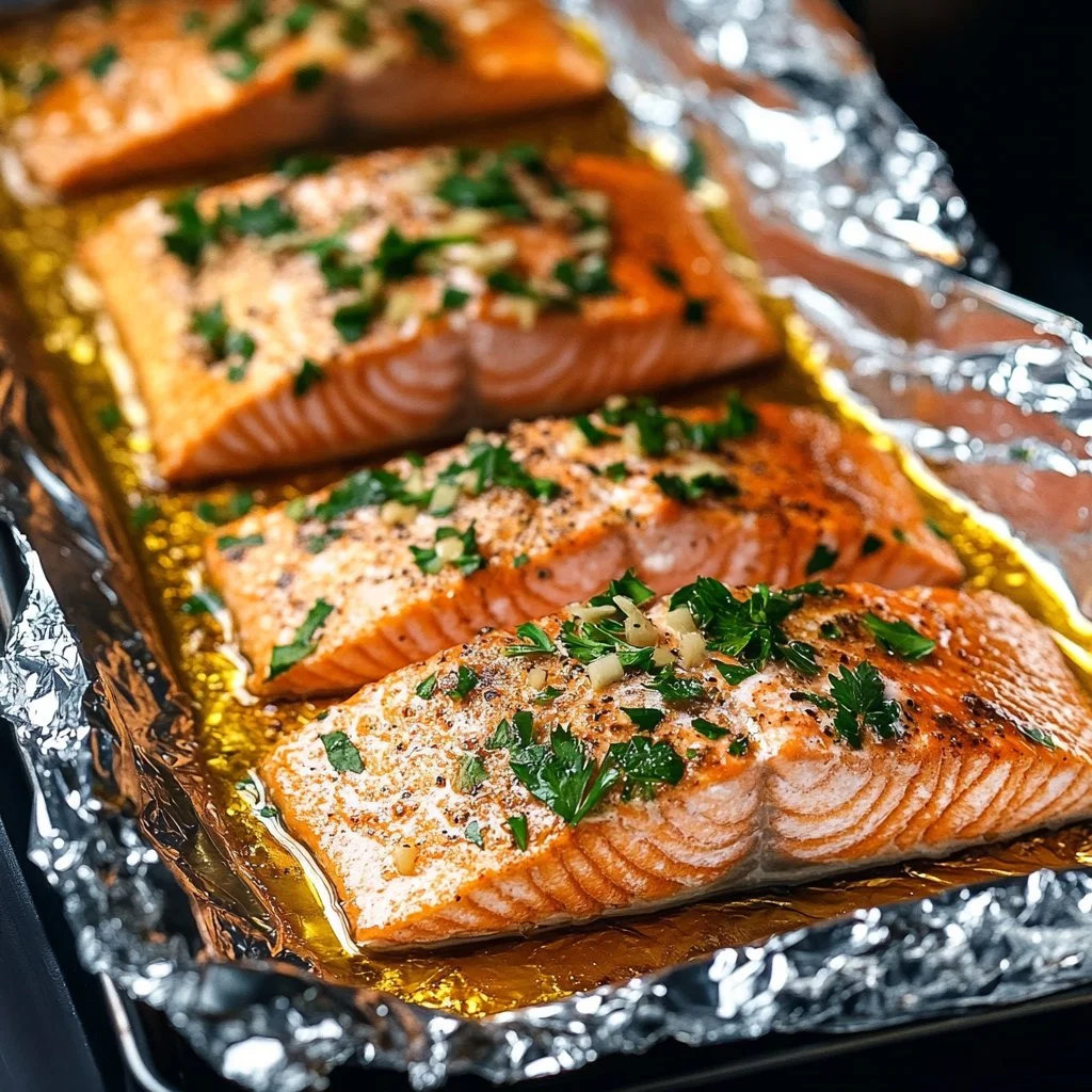 Oven baked salmon served on a plate with herbs and lemon slices.