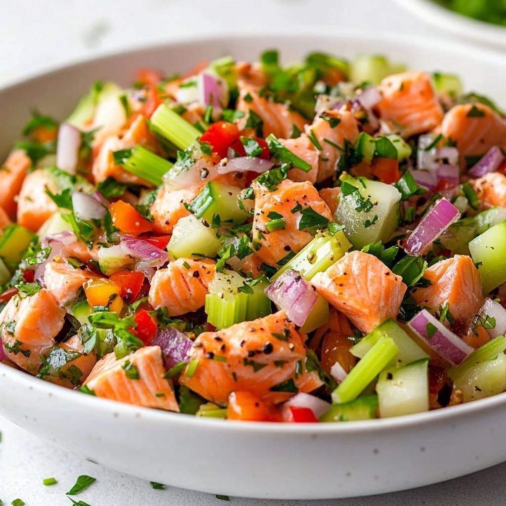 Paleo Salmon Salad with mixed greens and fresh vegetables