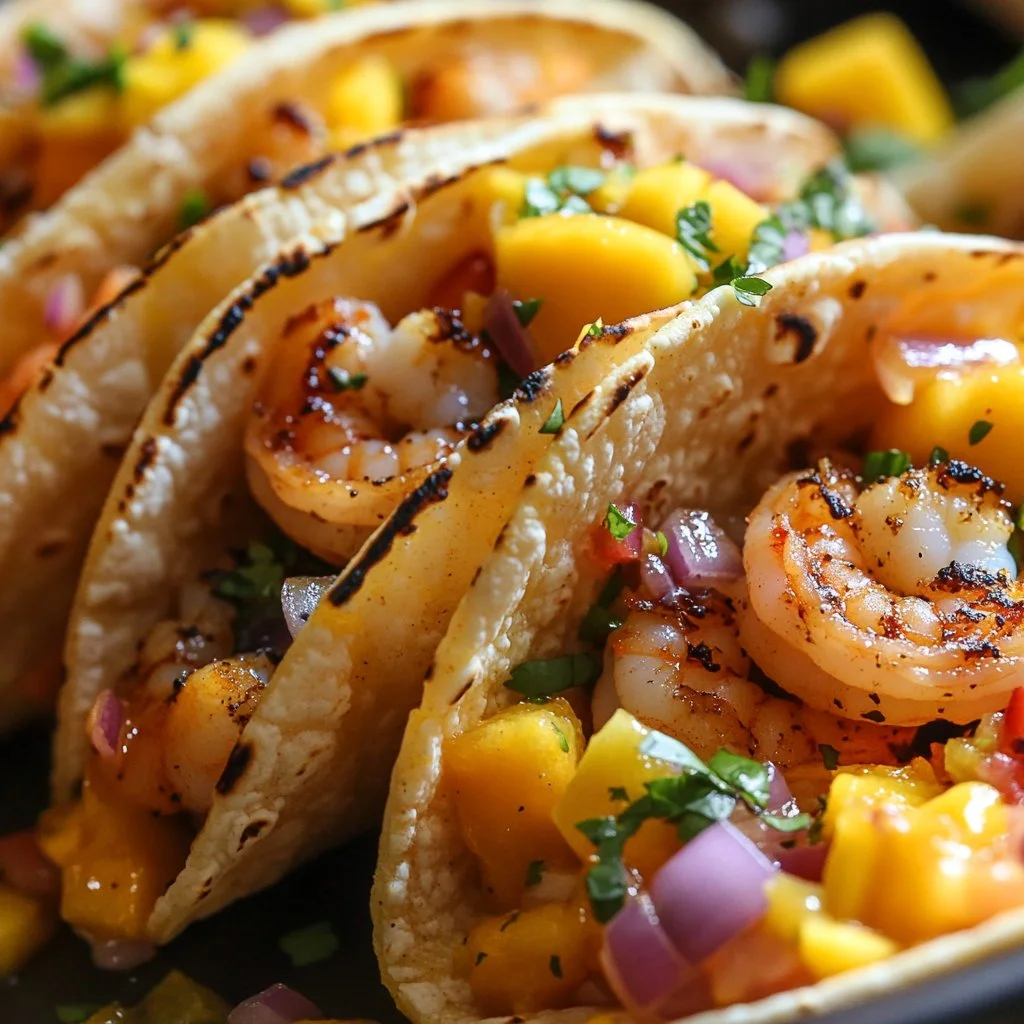 Pan fried shrimp tacos topped with mango salsa for a vibrant and tasty dish.