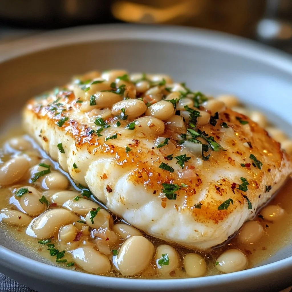 Pan seared halibut served with white beans in a stylish presentation