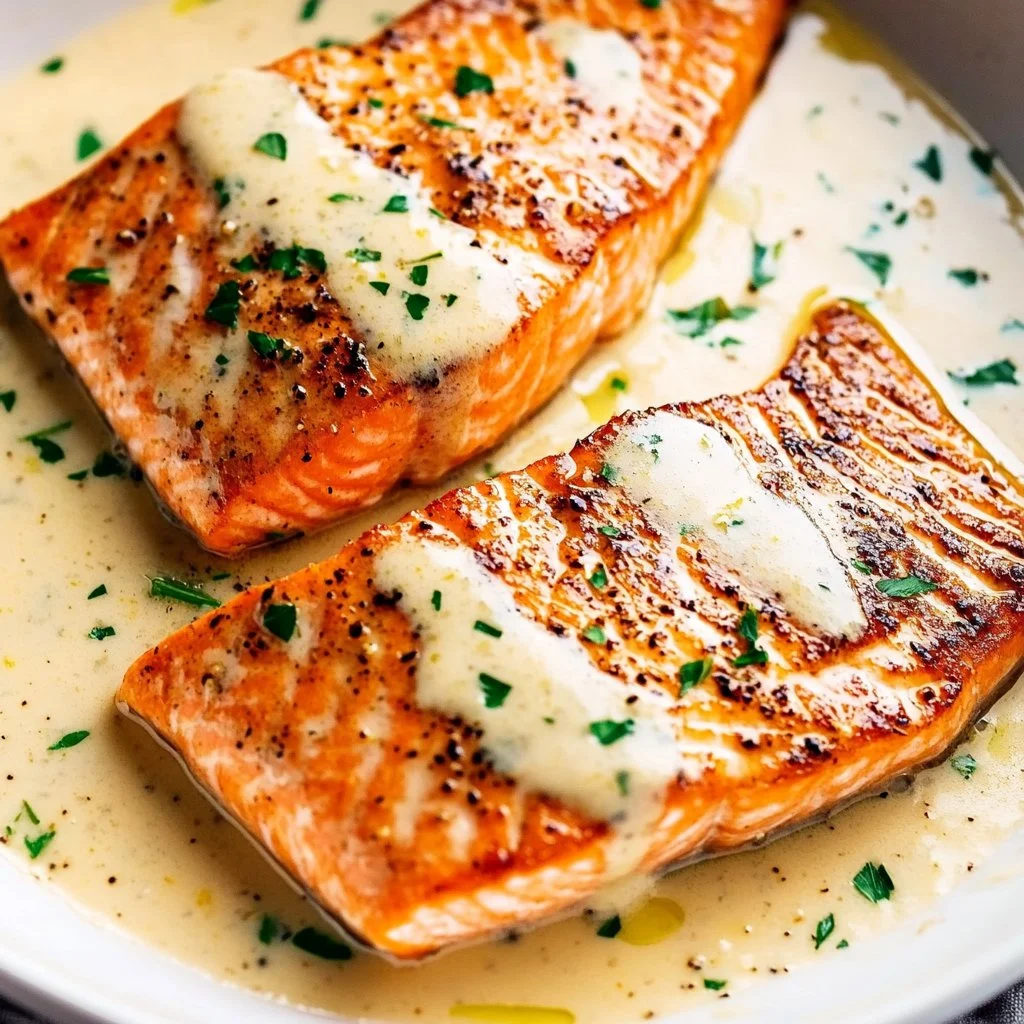Pan seared salmon fillet served with lemon garlic cream sauce
