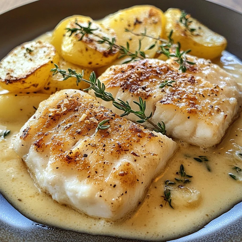 Pan-seared white fish with creamy potatoes on a plate, garnished with herbs.