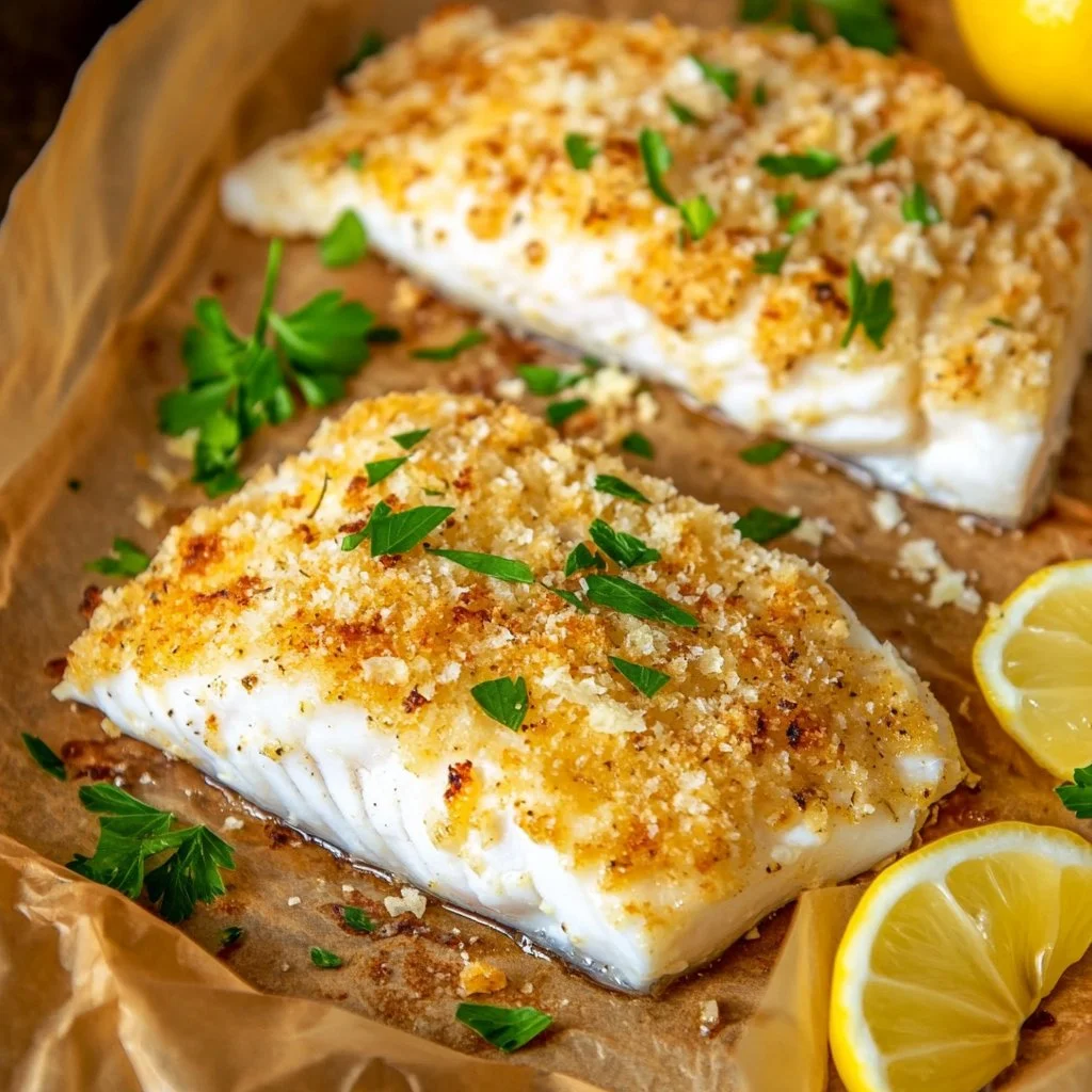 Delicious Parmesan Crusted Baked Walleye served on a plate with lemon slices