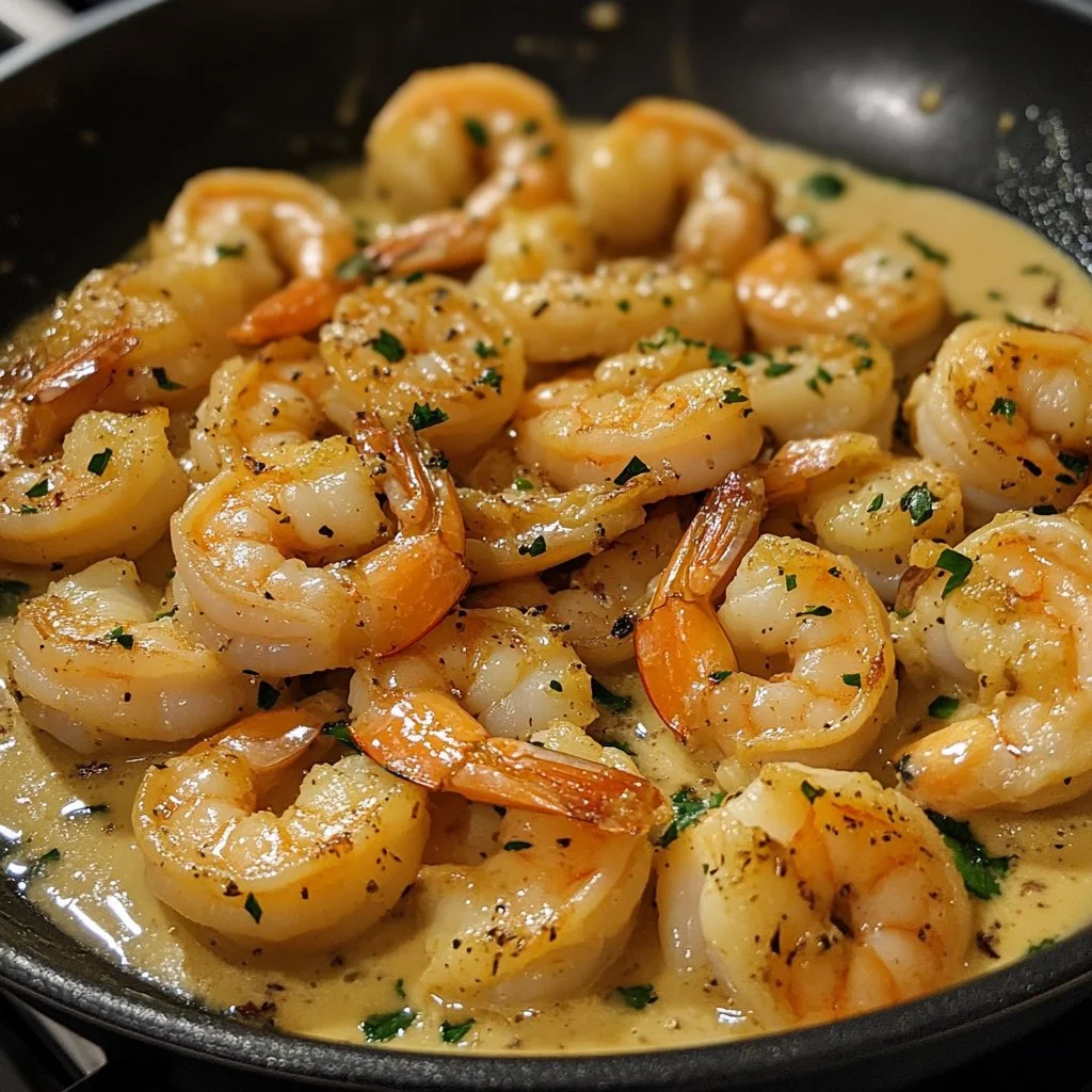 Plate of quick and easy creamy garlic shrimp garnished with parsley
