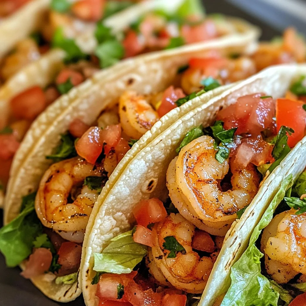 Delicious shrimp tacos garnished with fresh toppings and served on tortillas