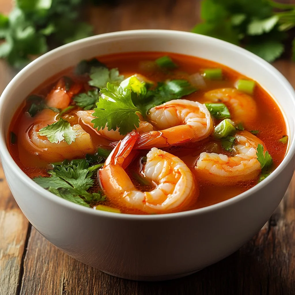 Bowl of quick and spicy shrimp soup garnished with herbs