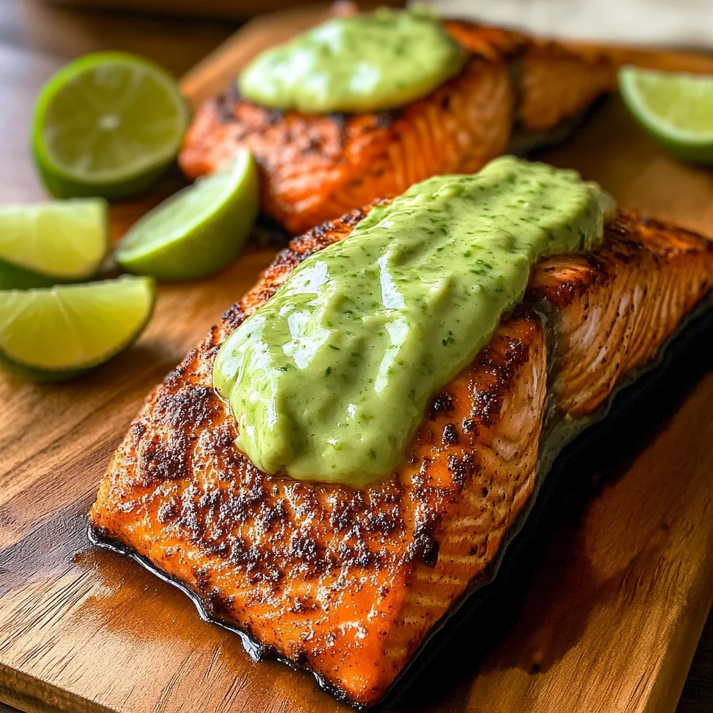Quick baked Cajun salmon with creamy avocado lime sauce on a plate.