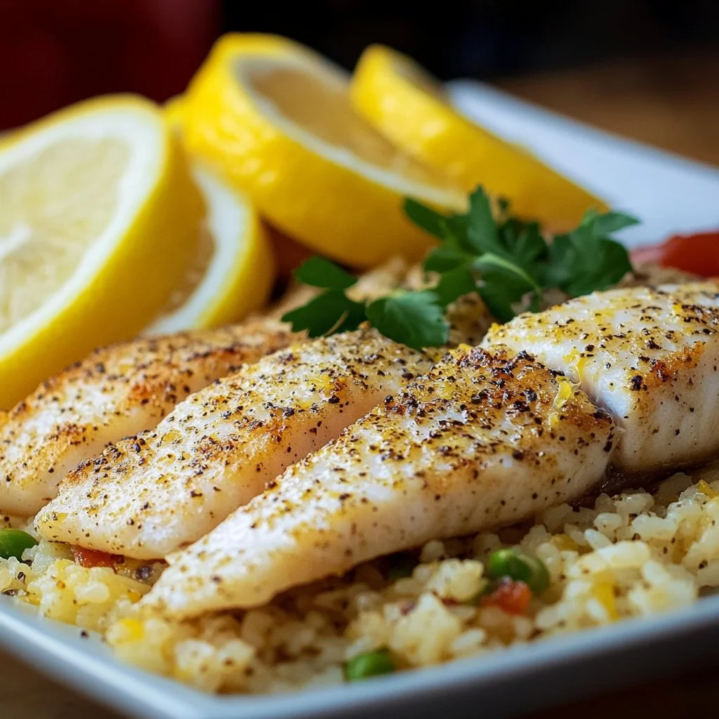 Quick and delicious lemon pepper fish fillet recipe served with fresh herbs.