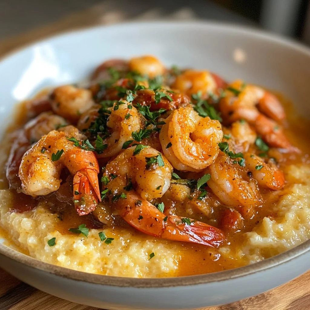 Plate of Red Snapper Shrimp Grits topped with herbs and spices