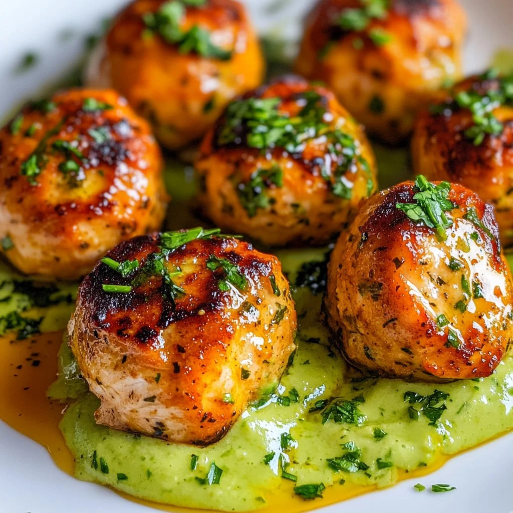Salmon balls topped with creamy avocado sauce on a white plate