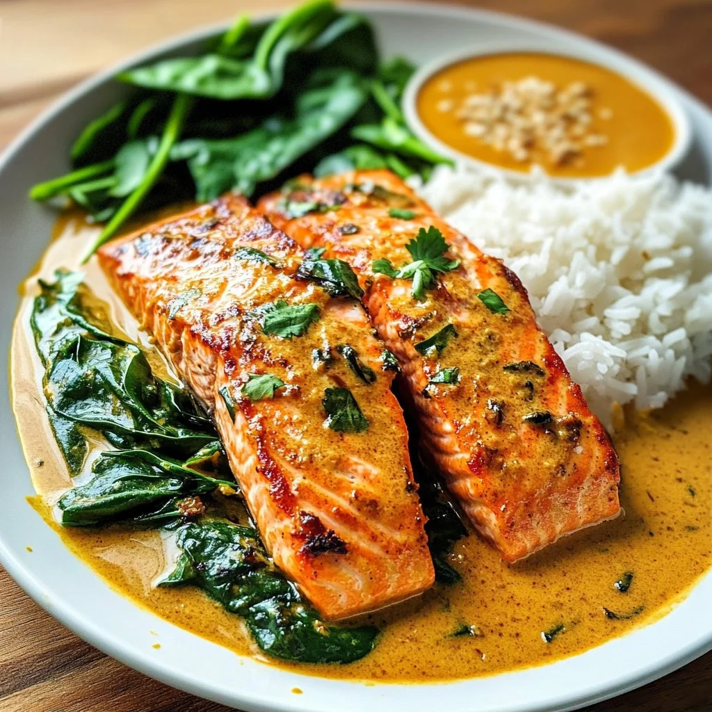 A vibrant bowl of salmon curry with fresh herbs and spices