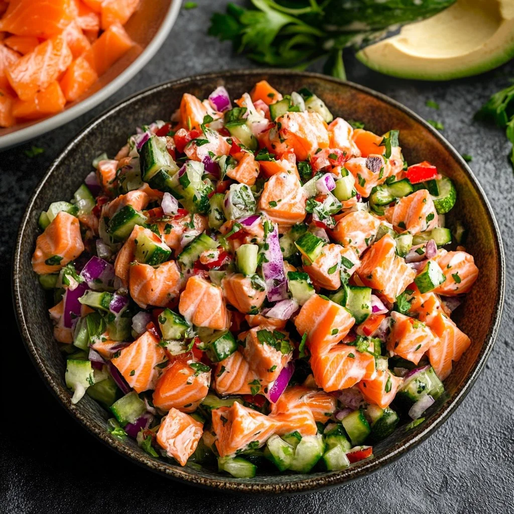 Fresh and colorful salmon salad with vegetables and dressing