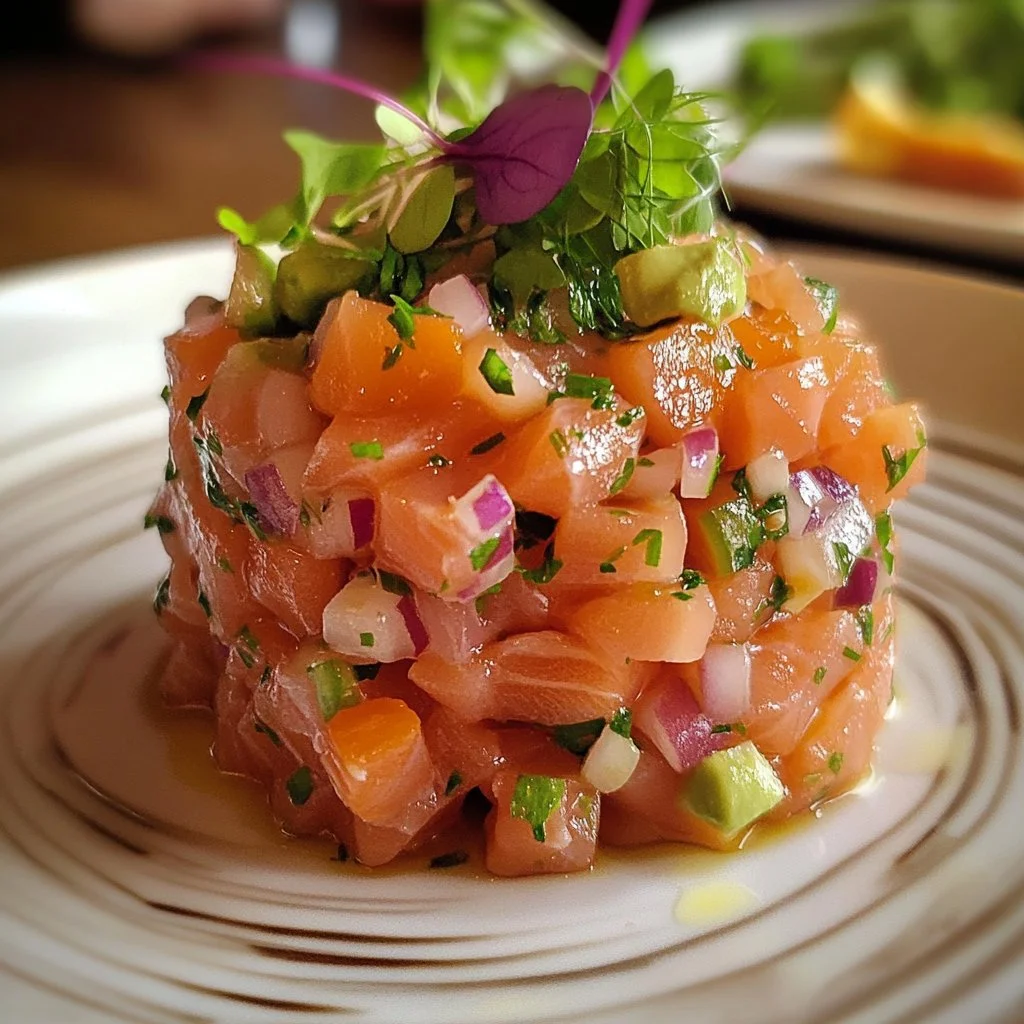 Delicious Salmon Tartare served with fresh herbs and citrus.