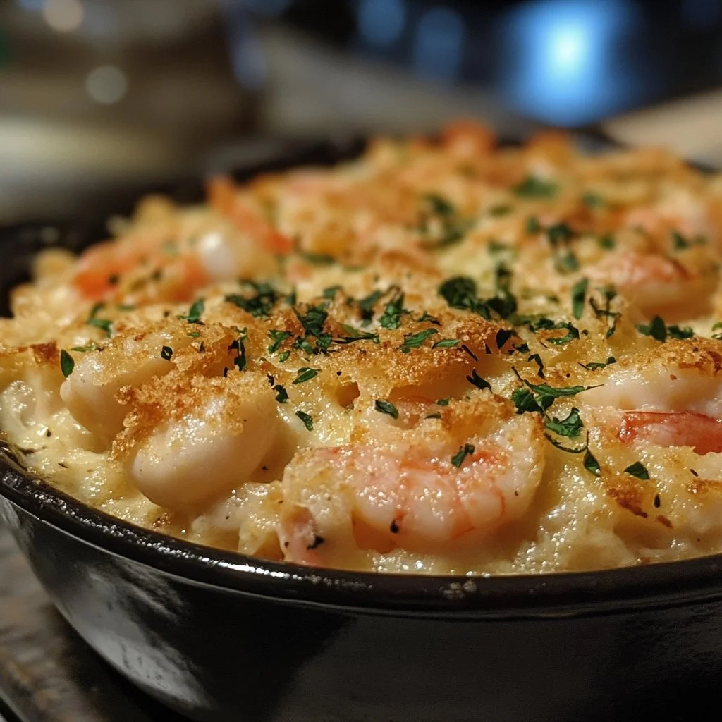 Delicious Seafood Gratin topped with cheese and herbs, served in a ceramic dish.