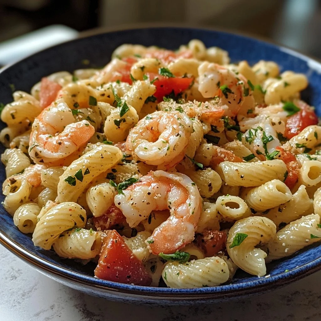 Colorful seafood pasta salad with shrimp, crab, and fresh vegetables