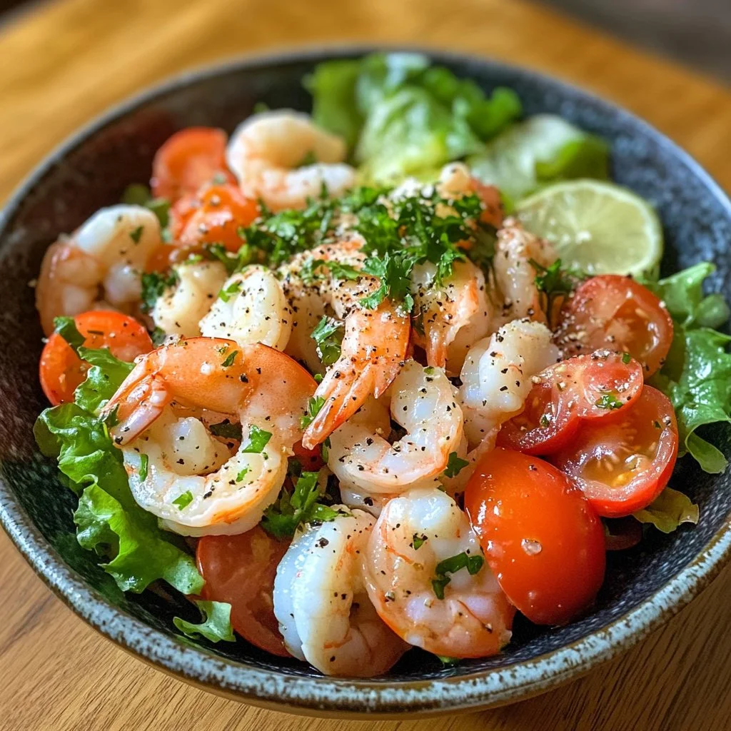 Delicious and colorful seafood salad with shrimp, crab, and fresh vegetables