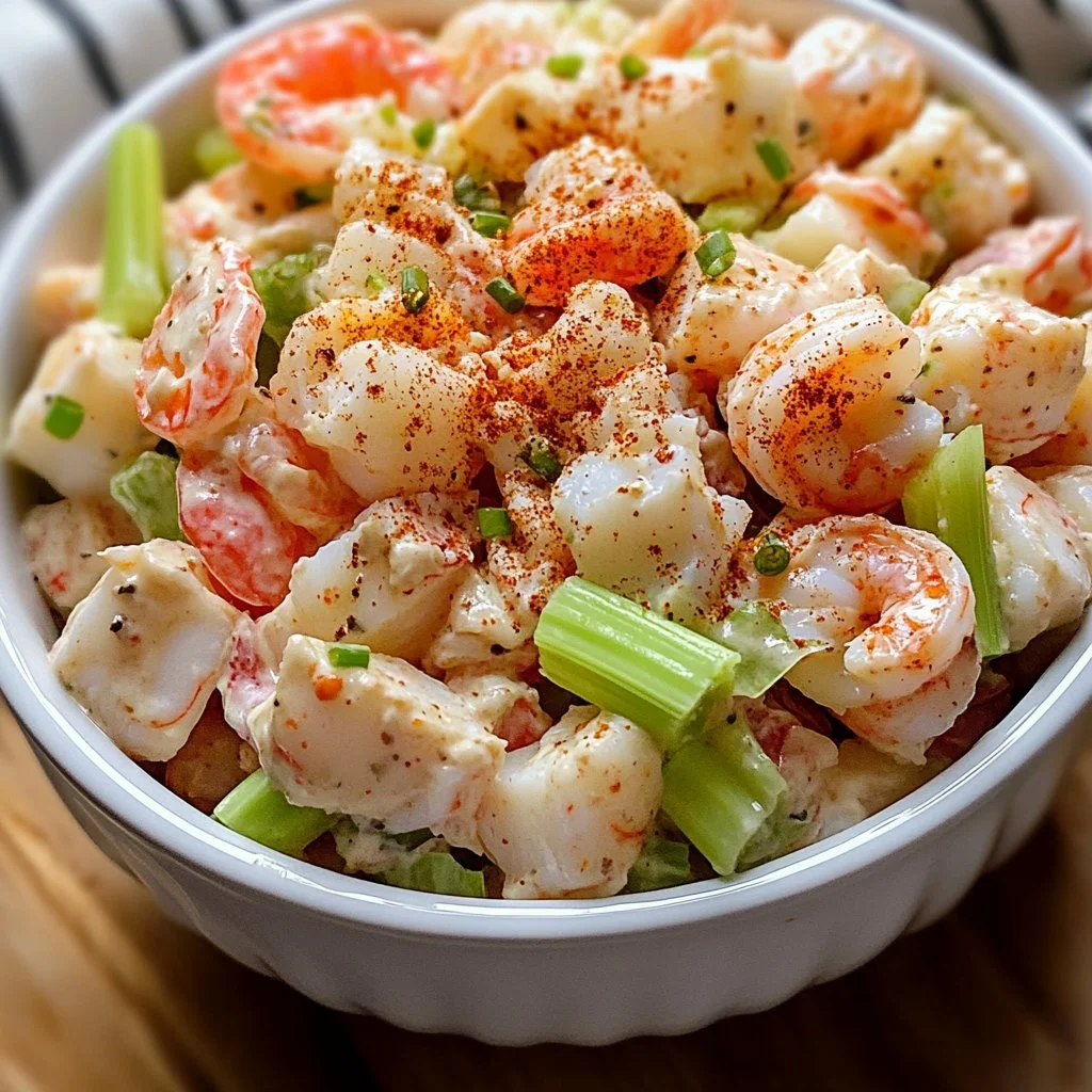 Delicious seafood salad with shrimp, crab, and fresh vegetables.